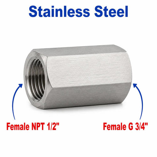 Stainless steel MC Motoparts APS 1/2 inch NPT female to 3/4 inch BSP G sensor adaptor fitting for plumbing or hydraulic use.
