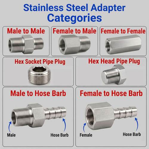 Stainless steel 304 sensor adaptor fitting showing 1/2 inch NPT female to 3/4 inch BSP G conversion for MC Motoparts APS adaptor fittings