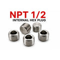 Set of five stainless steel 1/2 inch NPT hex socket pipe plugs for plumbing and fittings by MC Motoparts.
