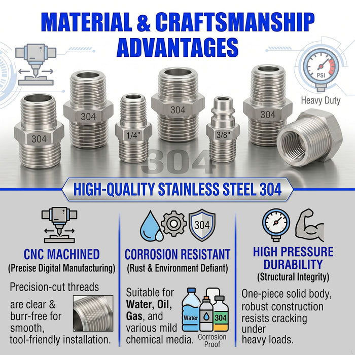 Set of five stainless steel 304 1/2 inch NPT hex socket pipe plugs, used as conversion fittings in plumbing and industrial applications.