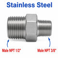 Stainless steel 1/2 inch NPT male to 3/8 inch NPT male sensor adaptor fitting by MC Motoparts, showing threaded ends