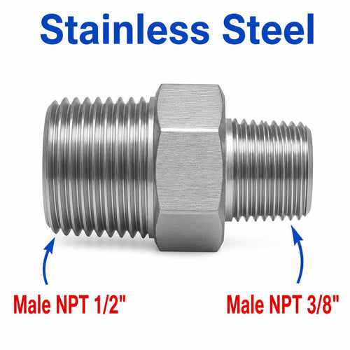 Stainless steel 1/2 inch NPT male to 3/8 inch NPT male sensor adaptor fitting by MC Motoparts, showing threaded ends