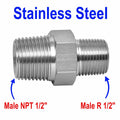 Stainless steel 304 1/2 inch NPT male to BSPT tapered sensor adaptor fitting for hydraulic or industrial connection.