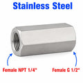 Stainless steel 1/4 inch NPT female to BSP G 1/2 inch female sensor adaptor fitting for plumbing and industrial use.