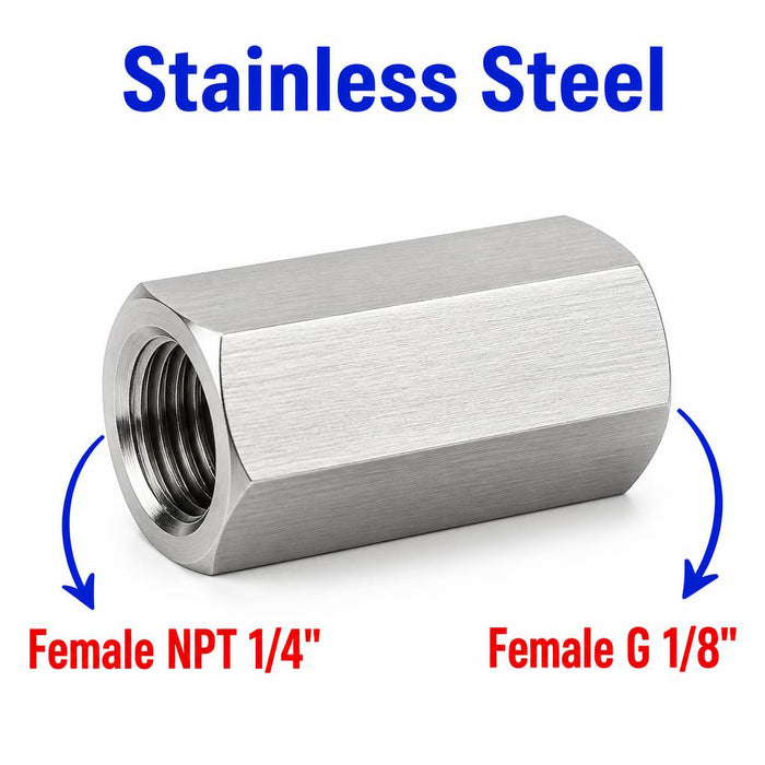 Stainless steel 1/4 inch NPT female to BSP G 1/8 inch female sensor adaptor fitting for conversion.