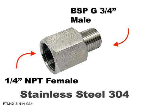 Stainless steel 1/4 inch NPT female to BSP G 3/4 inch male sensor adaptor fitting for plumbing or hydraulic conversions.