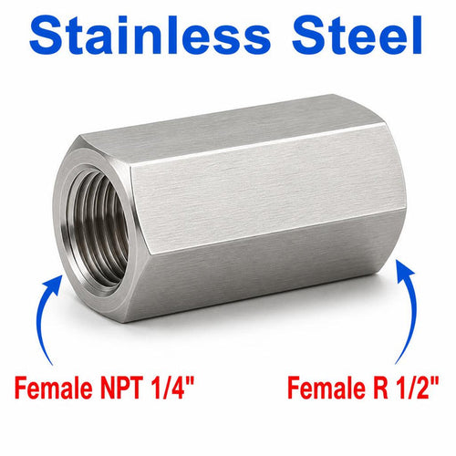 Stainless steel 304 sensor adaptor fitting with 1/4 inch NPT female to BSPT tapered R 1/2 inch female threads for conversion.