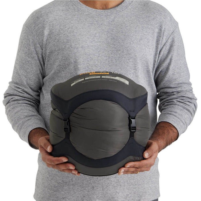 Packed in compression sack and held in hand as an idea of stowed size