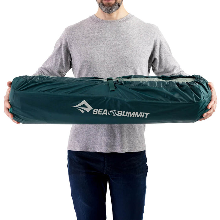 Model holding Packed mat to show approximate size