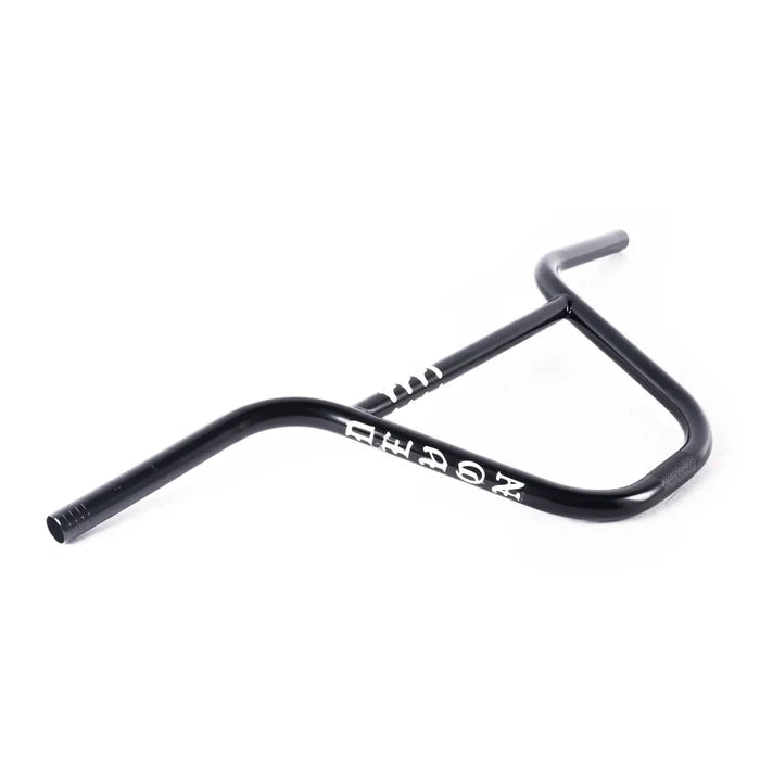 Cult Devon Bars (22.2mm Clamp) featuring black metal construction, a distinctive angled design, and white lettering on the side reminiscent of classic BMX handlebars, displayed against a plain white background.