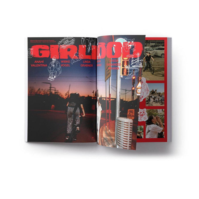 Open to the DIG Book 2024 - Photo Annual, showcasing images of women cycling at sunset and urban scenes, enhanced with red and white text and graphics.