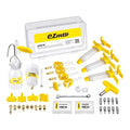 The EZMTB Universal Brake Bleed Kit - Pro Model includes syringes, hoses, adapters, tools, and fittings neatly arranged next to a transparent carrying case marked "eZmtb".