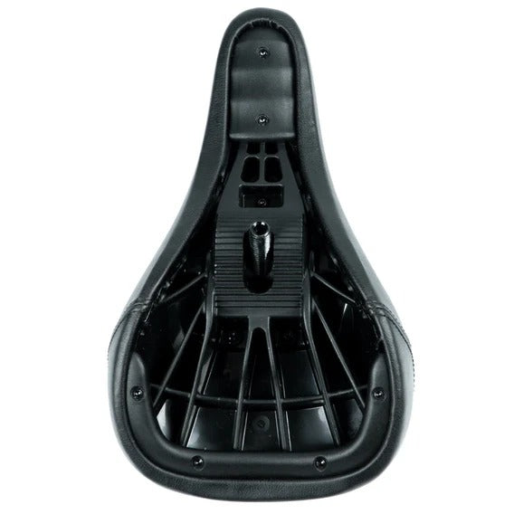 Federal Mid Stealth Logo Seat in black is shown from below, highlighting its durable canvas top with faux leather panels, plastic base structure, and mounting bracket.