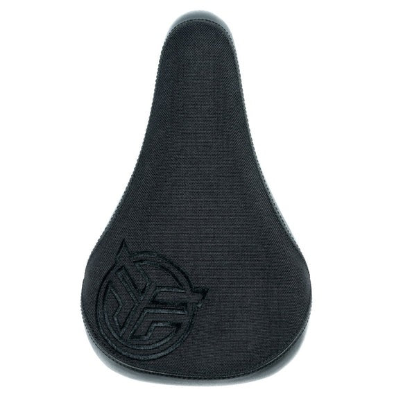 Federal Mid Stealth Logo Seat featuring a black canvas top with durable faux leather panels and black embroidered logo, designed with a Stealth Pivotal saddle system.