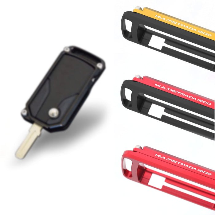 Ducati Multistrada 1200 logo engraved key case holder by MC Motoparts, black leather with embossed Ducati branding.