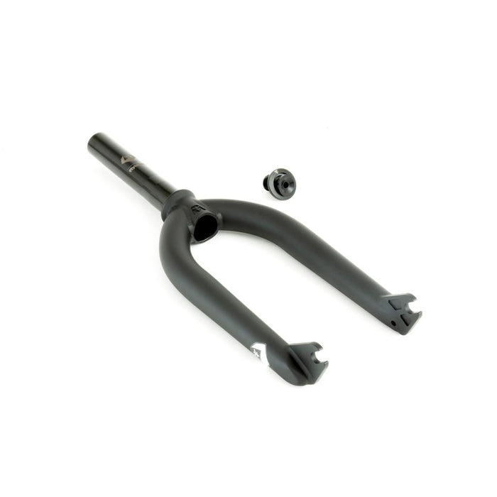 The Fly Bikes 18 Inch Volcano Forks in black sits on a white background with a small cap and is renowned for its durability. It comes with a lifetime warranty.