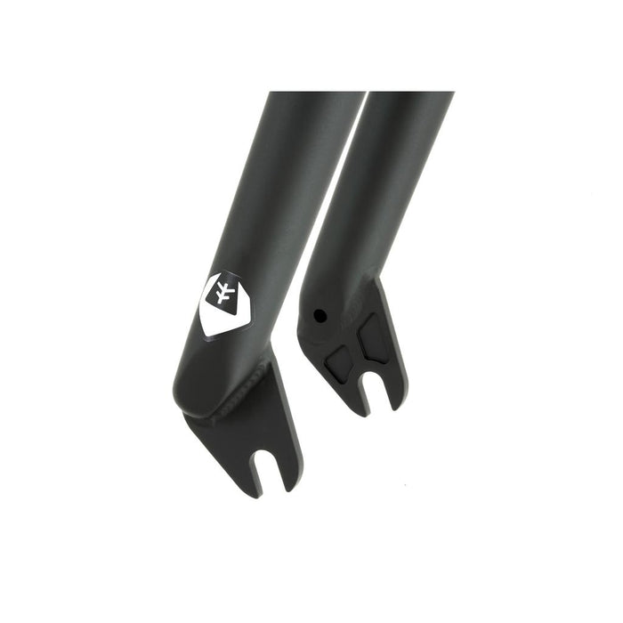 Close-up of green dropouts with a white logo on the Fly Bikes 18 Inch Volcano Forks, backed by a lifetime warranty.