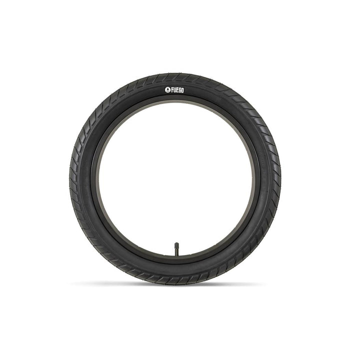 The Fly Bikes Fuego 20 Inch Tyre, shown upright in black with a visible air valve against a plain white background, is engineered for high pressure puncture resistance—making it an excellent choice for demanding urban commutes.