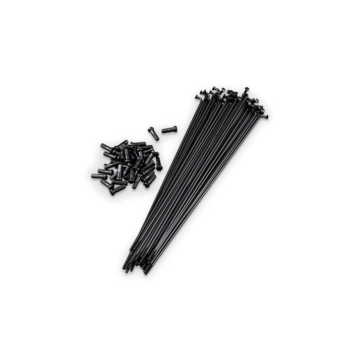 A set of Fly Bikes Spokes (20 Pack) with durable stainless steel construction, featuring long black spokes and accompanying black nipples, ready for high-tension lacing on a white background.