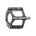 The HT Supreme ANS10 Pedals are black, wide-platform alloy flat pedals with metal pins for grip and a silver spindle.