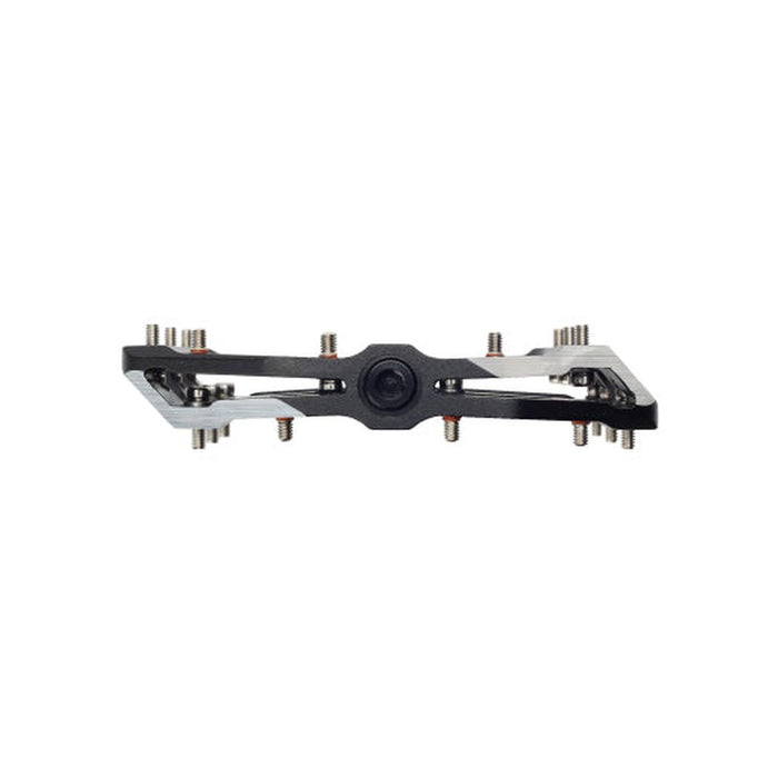 The HT Supreme ANS10 Pedals feature a black and silver alloy body, multiple metal pins, and a central axle—styled as race flat pedals for optimal grip and performance.