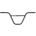 Black BMX handlebar with a cross brace, viewed from the front, featuring the “Foundry” logo in white on the center area—this is the classic Kink Foundy Bars (22.2mm Clamp) model, built from durable chromoly steel for both style and strength.