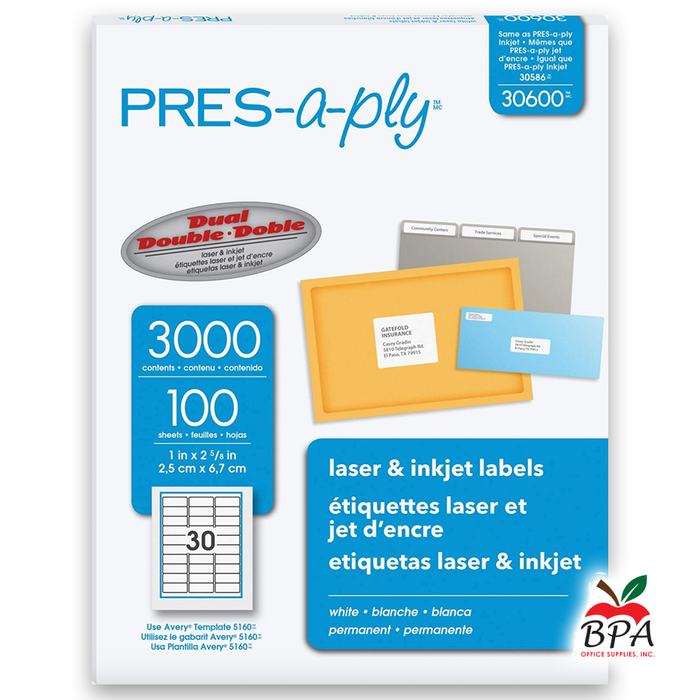 Labels •  Laser & Inkjet Labels 1" x 2-5/8" (30 labels por hoja)