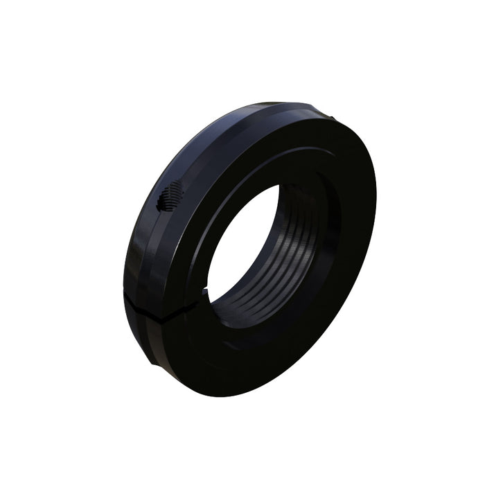 A black, circular Onyx Axle Locking Nut with a threaded inner surface and a small hole on one side, designed as an axle locking collar for Onyx hubs.