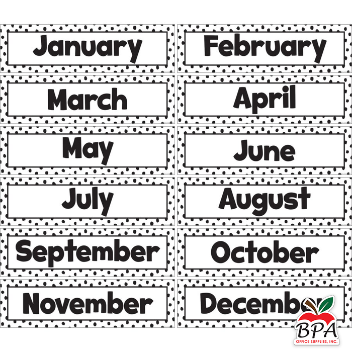Teacher Created Resources •  Franjas: Meses del Año "Black Painted Dots on White"