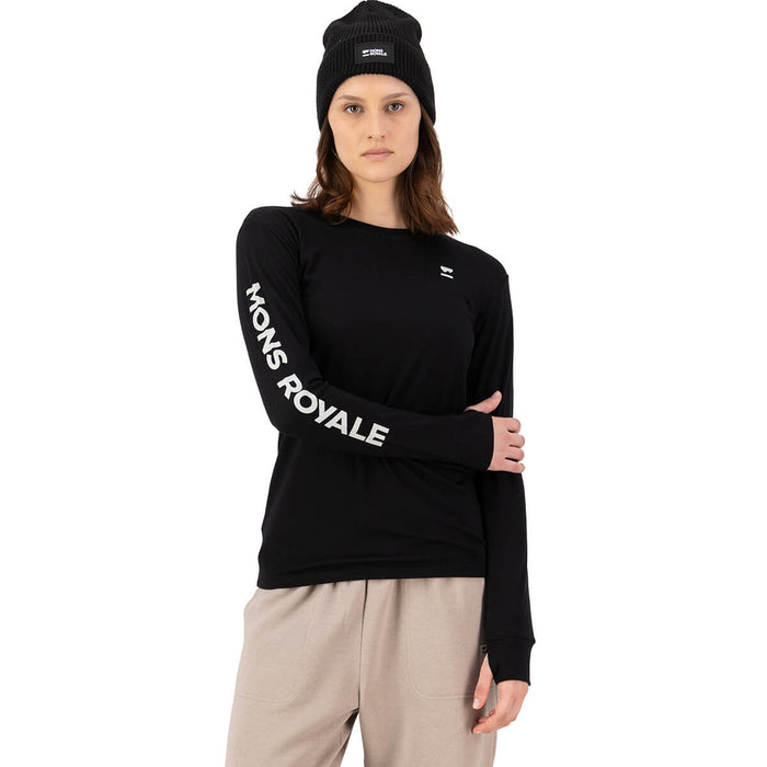 Black on model, showing Mons Royale in white on right sleeve