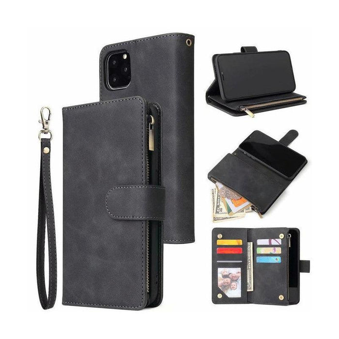 Zipper Wallet Mobile Phone Case for iPhone 7Plus/ 8Plus with Wrist Strap Black